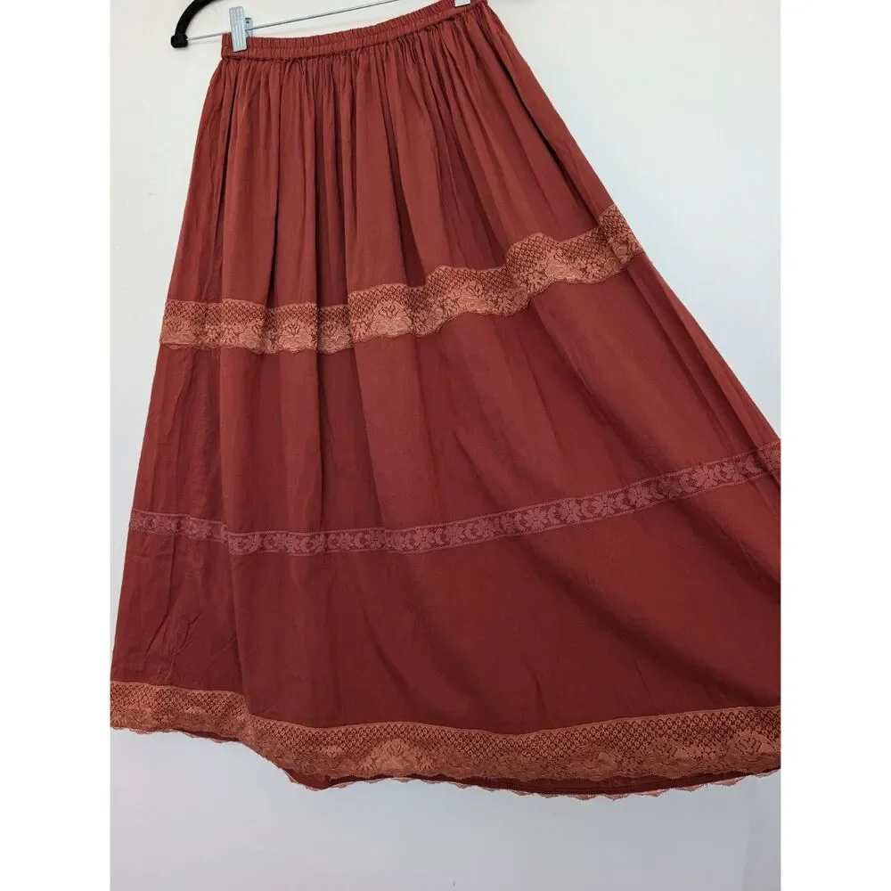 Y2K Vintage Rampage Rust Boho Lace Tiered Cotton Midi Skirt Sz M Made in India